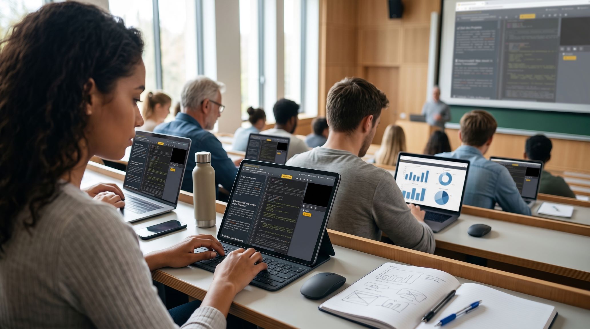 Code Room in the lecture hall with tablets and live programming