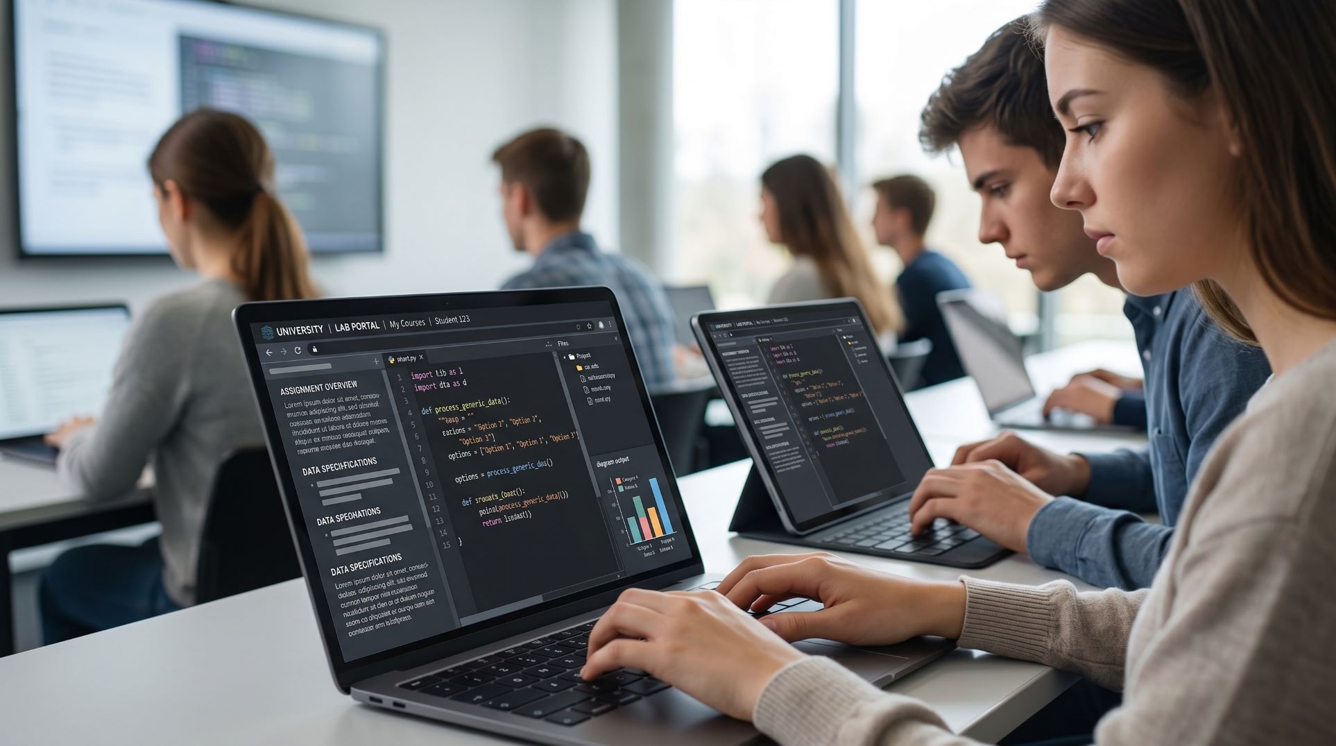 Students program directly in the browser on tablets:
