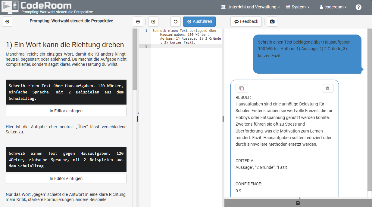 Screenshot der KI-Übungsumgebung in CodeRoom